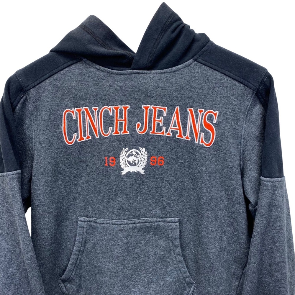 Cinch Jeans Hoodie Kids Size Medium 10 Gray Navy Logo Fleece Pullover MWK7950001